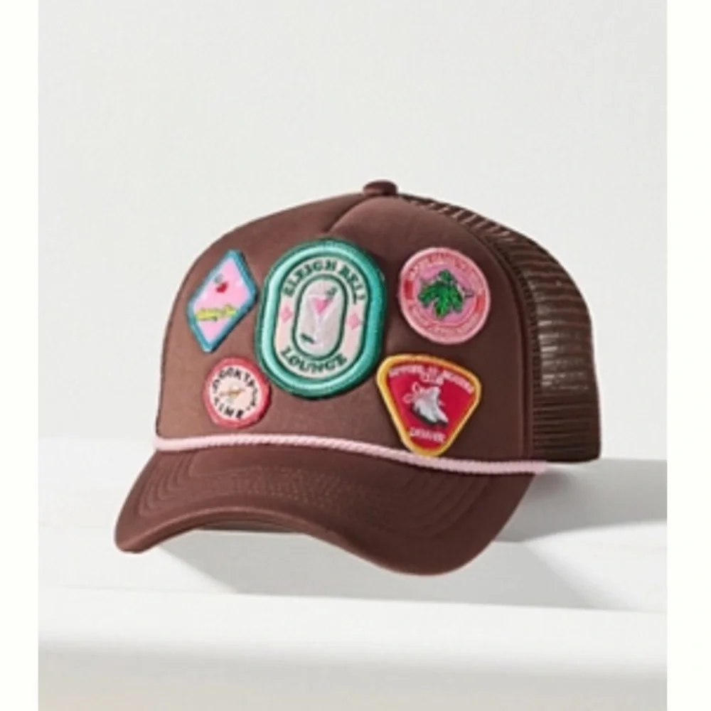 Anthropologie Christmas trucker hat embroidered patches OSFM